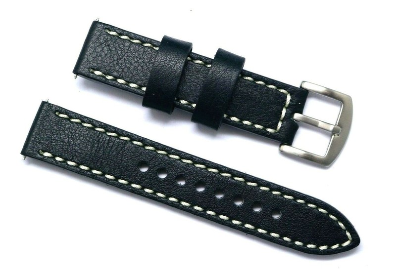 20mm 22mm Black or Brown Quality Leather Contrast Stitch Men’s Watch Strap