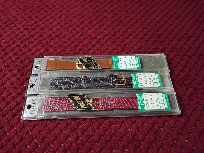 3 Topps Vintage New old stock watch bands, 18mm (11/16") 2 brown / 1 red gallery