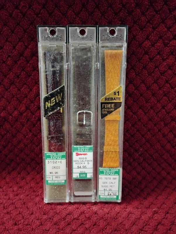 3 Topps Vintage New old stock watch bands, 18mm (11/16″) all are brown / tan