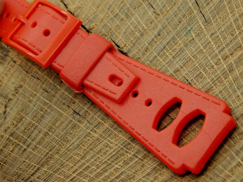 Vintage NOS Unused Swiss Made Red Rubber Watch Band with Blue Buckle 19mm Mens
