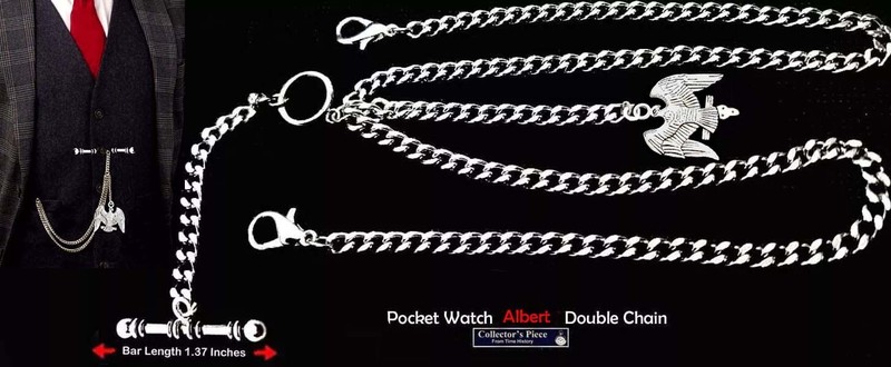 Stainless Steel Pocket Watch Albert Double Chain With American EAGLE Fob.