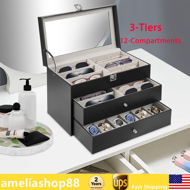 Sunglasses Case Watch Box Watch Case Jewelry Box and 12 Eyeglasses Storage