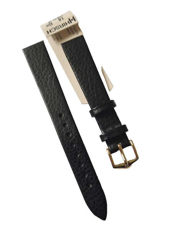 WHOLESALE QUALITY VINTAGE HIRSCH 14MM BLACK DAKOTA, GOLD BUCKLE WATCH STRAP.