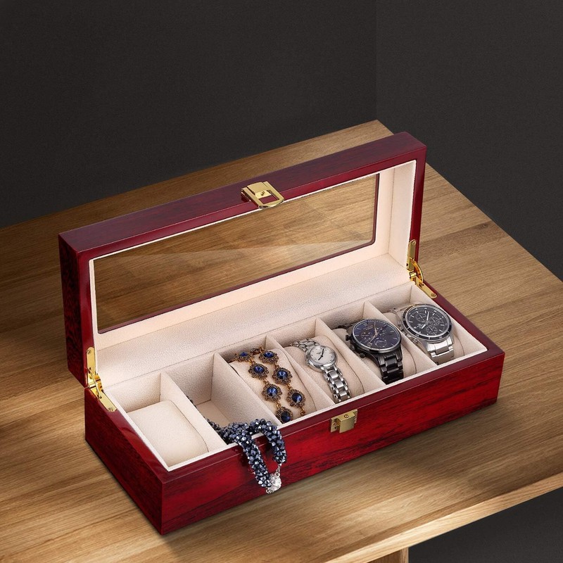 6 Slots Wrist Watch Box Display Wooden Case Jewelry Organizer Storage Holder gallery