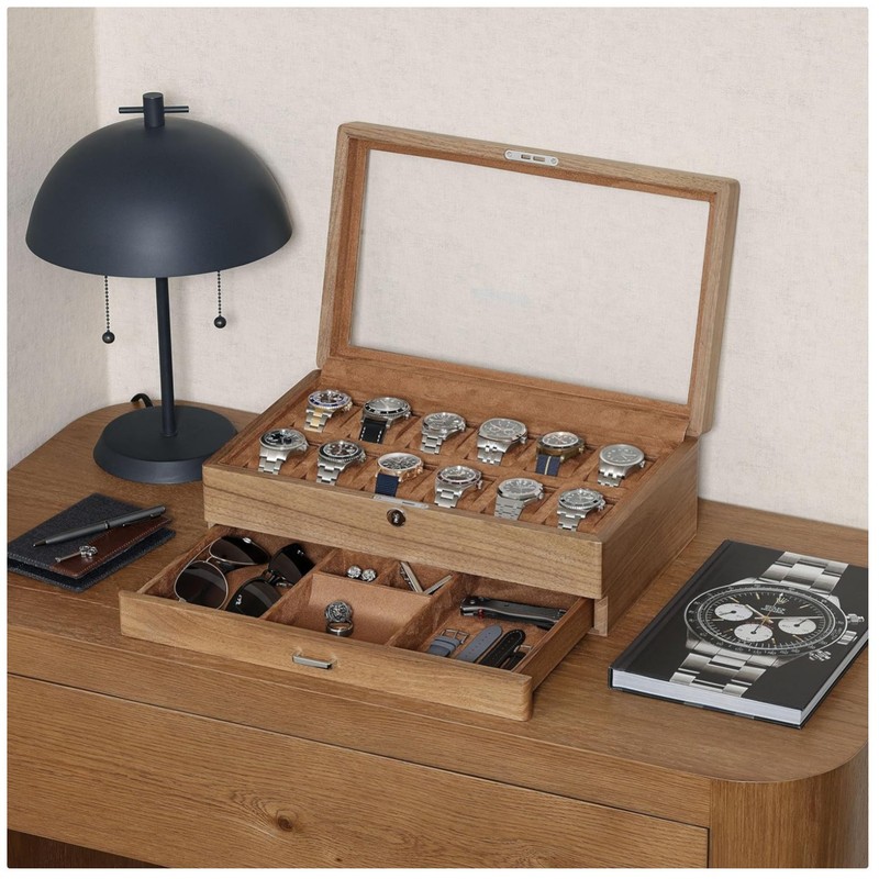 Modern Walnut Jewelry Display Box with Valet Drawer and Lock
