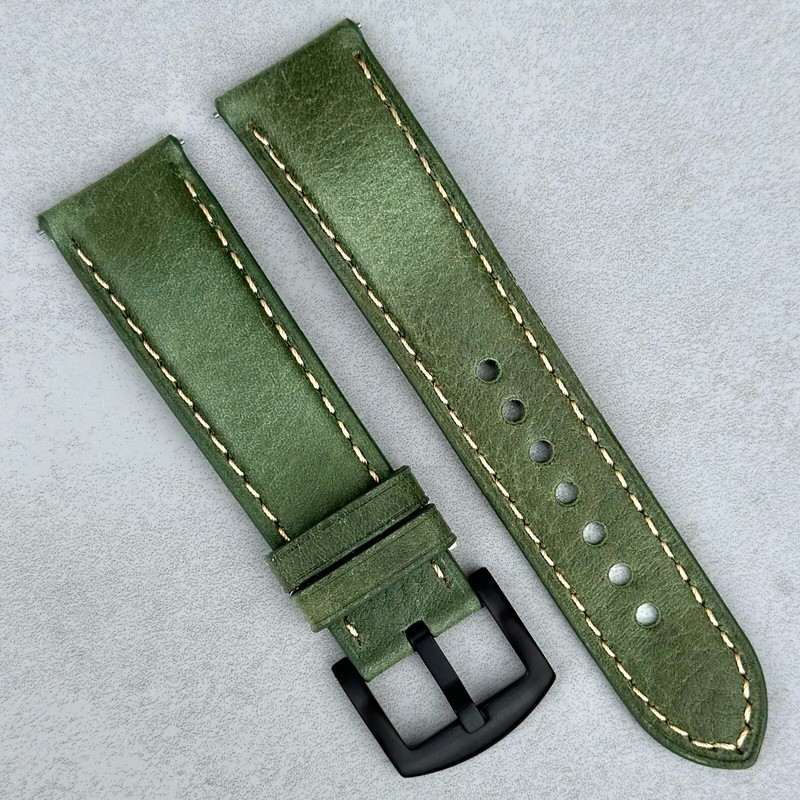 Olive Green Italian Leather Watch Strap Black Buckle 16mm 18mm 20mm 22mm 24mm