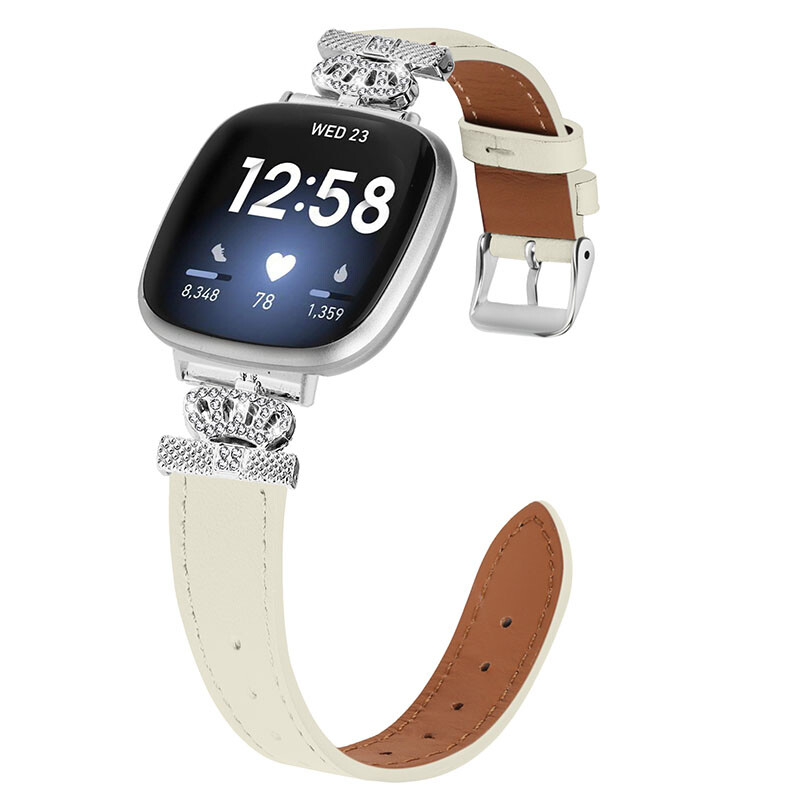 For Fitbit Versa 3/4 Sense 2 Bling Rhinestone Crown Genuine Leather Watch Band
