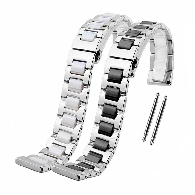 14mm 16mm 18mm 20mm 22mm Black White Stainless Steel + Ceramic Watch Strap Band