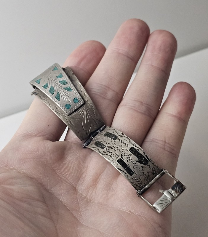 Vintage Native Single Watch Tip Band Turquoise Chip Inlay Repair Hand Etched Old