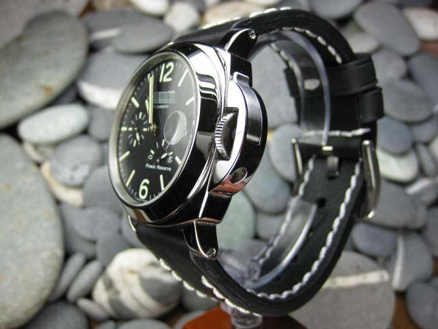 24mm NEW COW LEATHER STRAP Black Watch BAND White Stitch for PANERAI PAM 24