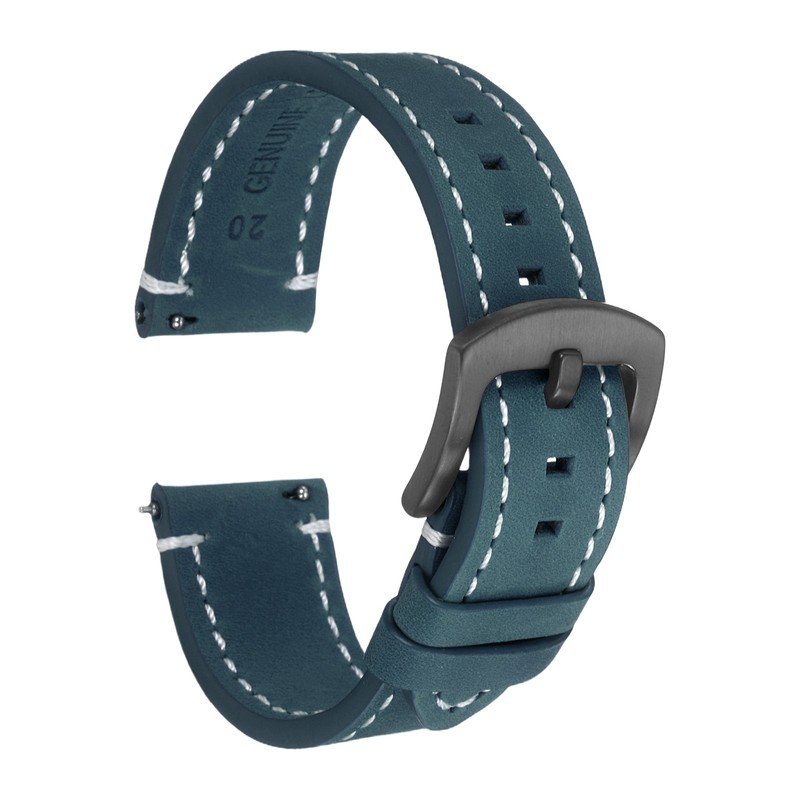 20mm Leather Watch Bands Cowhide Quick Release Strap Black Buckle Dark Blue