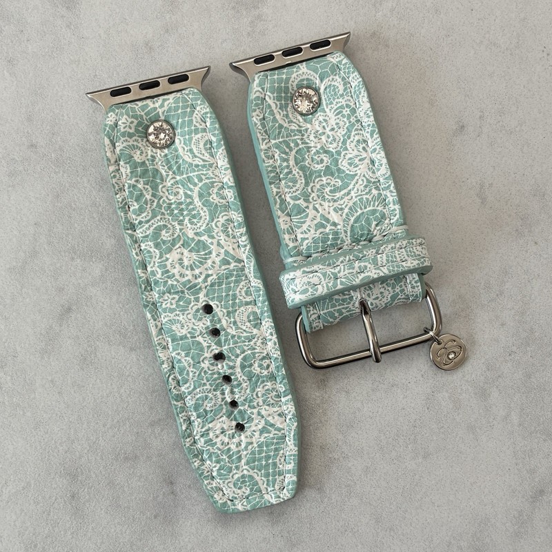 Spark*l Bands Lace Print White & Jade Leather Apple Watch Band – Size 2, 38-41mm