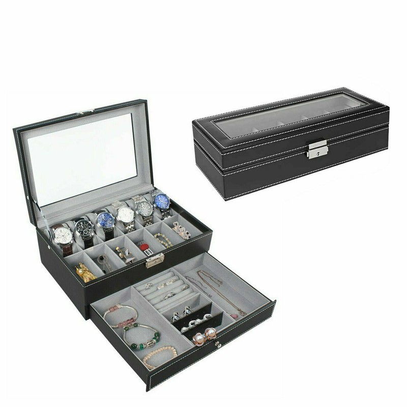 6/12 Slots Watch Box Leather Jewelry Box Lockable Jewelry Case Glass with Drawer