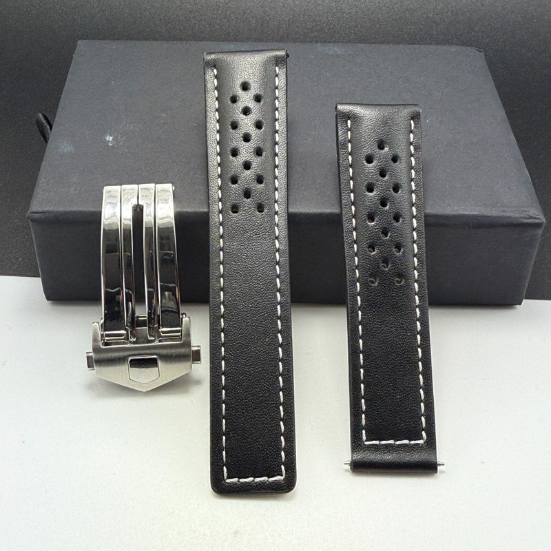 Black White Leather Perforated Racing Watch Strap For TAG Heuer Carrera 19 20 22