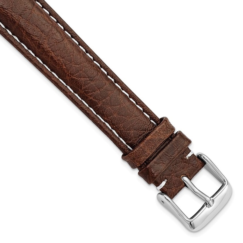 18mm 8.5″ Long Brown Leather White Stitch Silver-tone Buckle Watch Band
