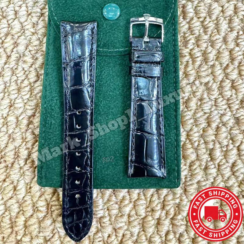 ROLEX Black Leather Band 20mm With Rolex Silver Buckle NOS