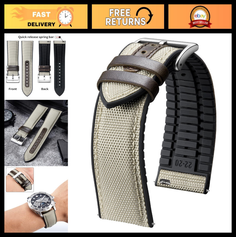 Nylon Silicone Quick Release Watch Bands 18mm-22mm, Canvas Rubber Hybrid Strap,