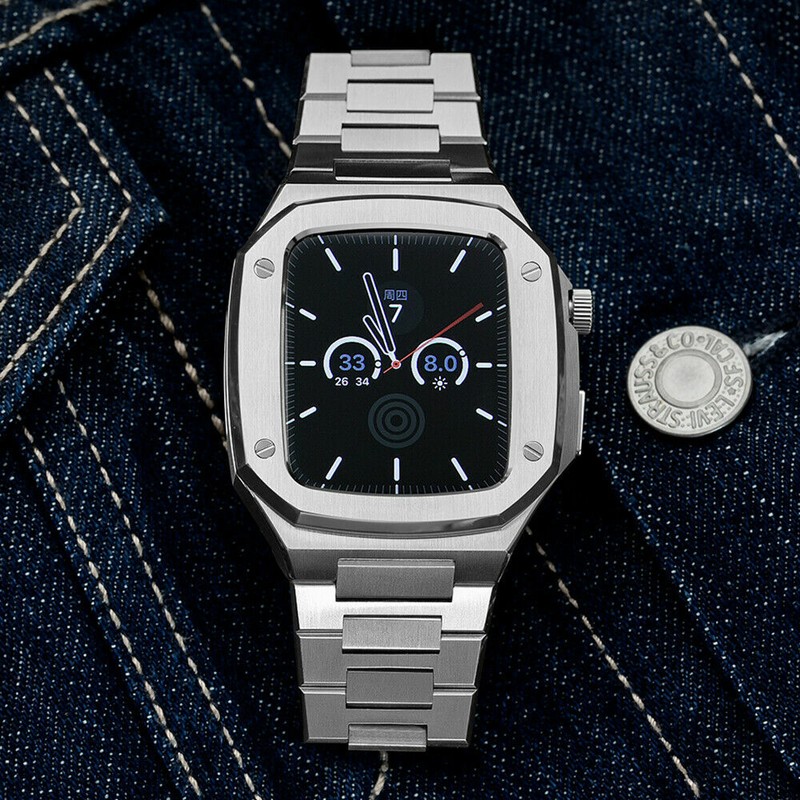 For Apple Watch 44mm 45mm Mod Kit Stainless Steel Band Strap & Metal Case gallery