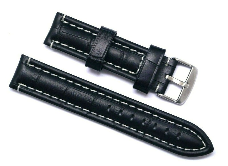 20mm 22mm Black or Brown Crocodile Grain Leather Padded Watch Band Silver Buckle