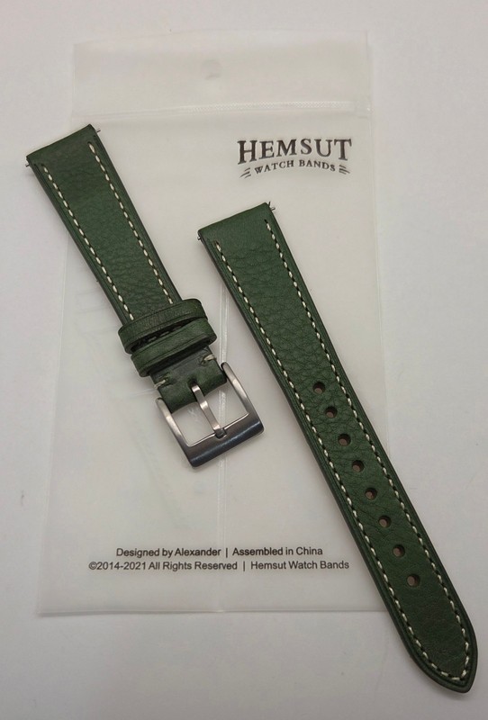 Hemsut Watch Bands 20 mm Quick Release Olive Green Leather Strap White Stitches