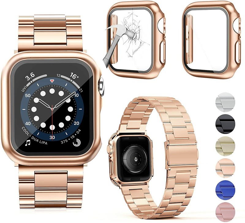 Compatible with Apple Watch Band 38mm with 2Pcs Case, Stainles (38mm, Rose Gold)