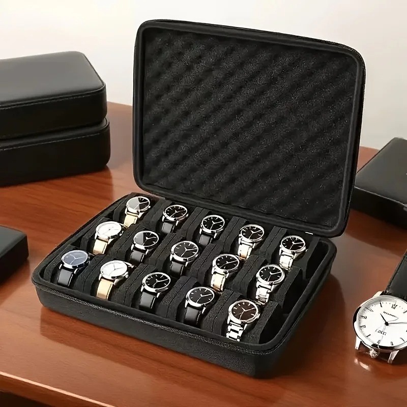 15 Slot Watch Storage Box Hard Shell Zipper Travel Organizer Case Large
