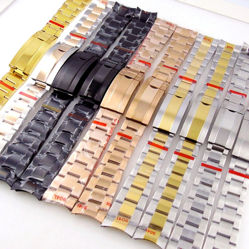 20mm 316L Oyster Steel Watch Bracelet Gold Black Silver Mens Strap Glide Lock