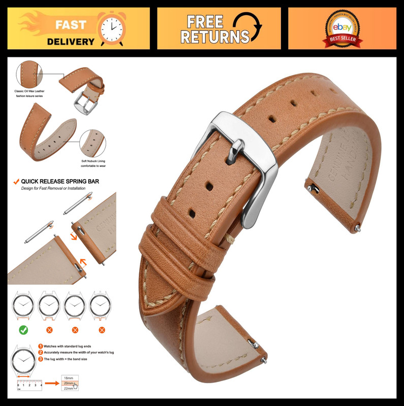 Classic Oil Wax Leather Watch Band 16mm-24mm, Quick Release Strap for Men & Wome
