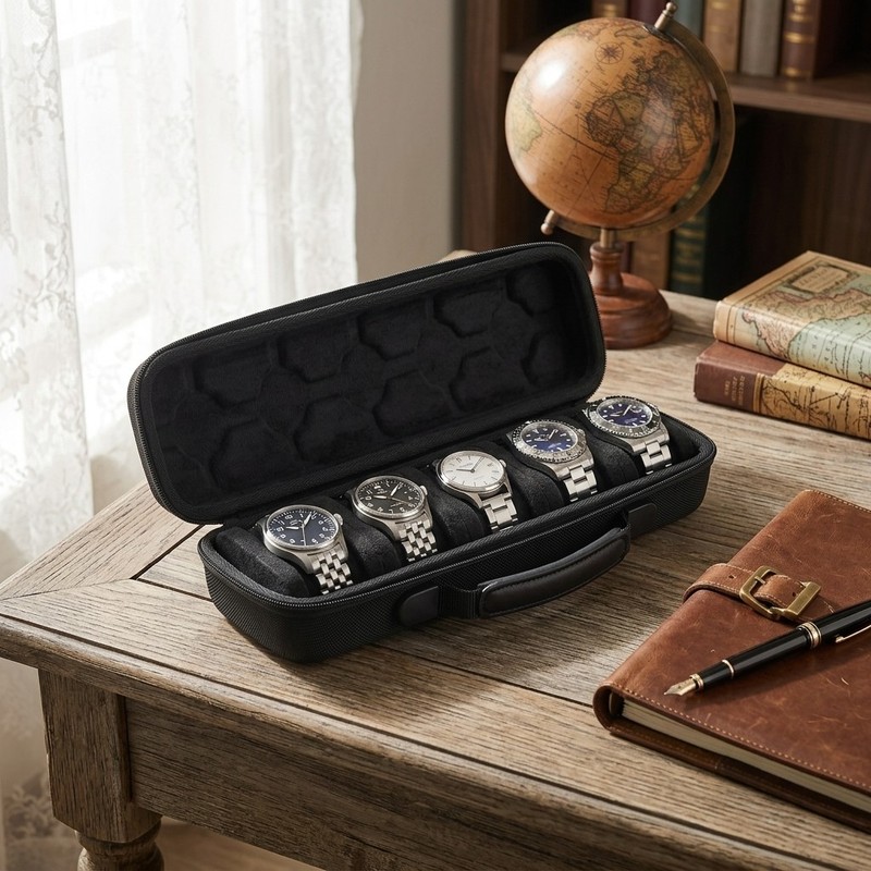 EVA Hard Shell Watch Storage Case 5Slot Velvet Liner Portable Smart Watch Holder