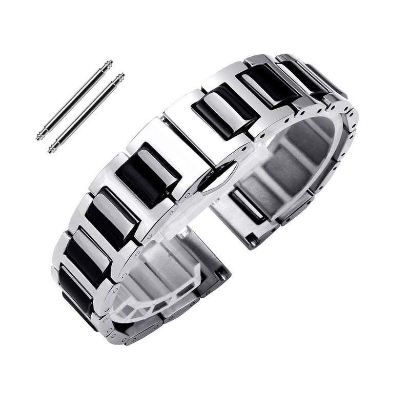 14mm 16mm 18mm 20mm 22mm Black White Stainless Steel + Ceramic Watch Strap Band