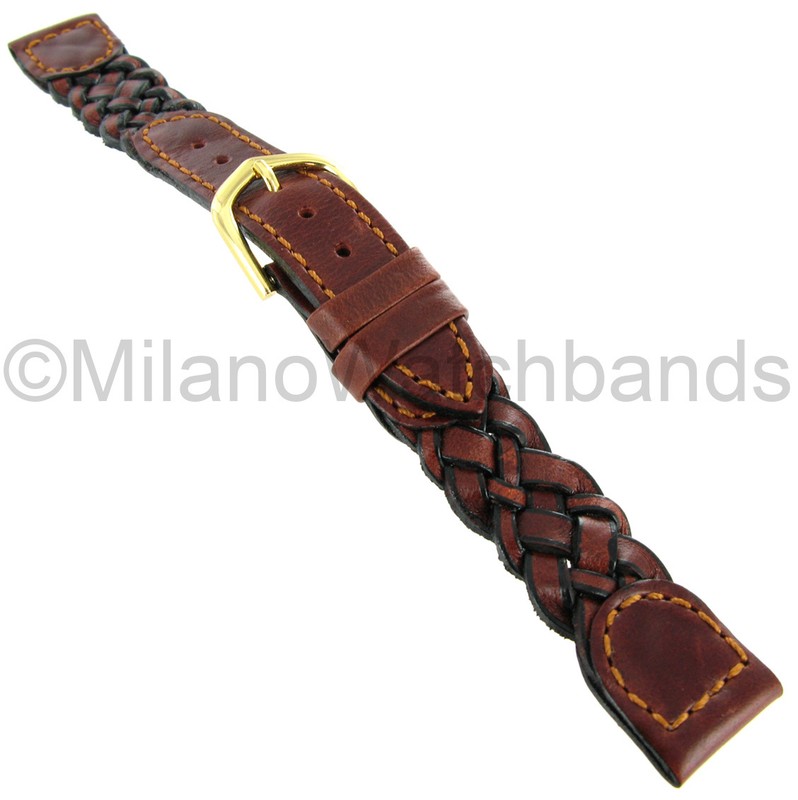 16mm Hirsch Genuine Leather Braided Brown and Black Stitched Watch Band 1556