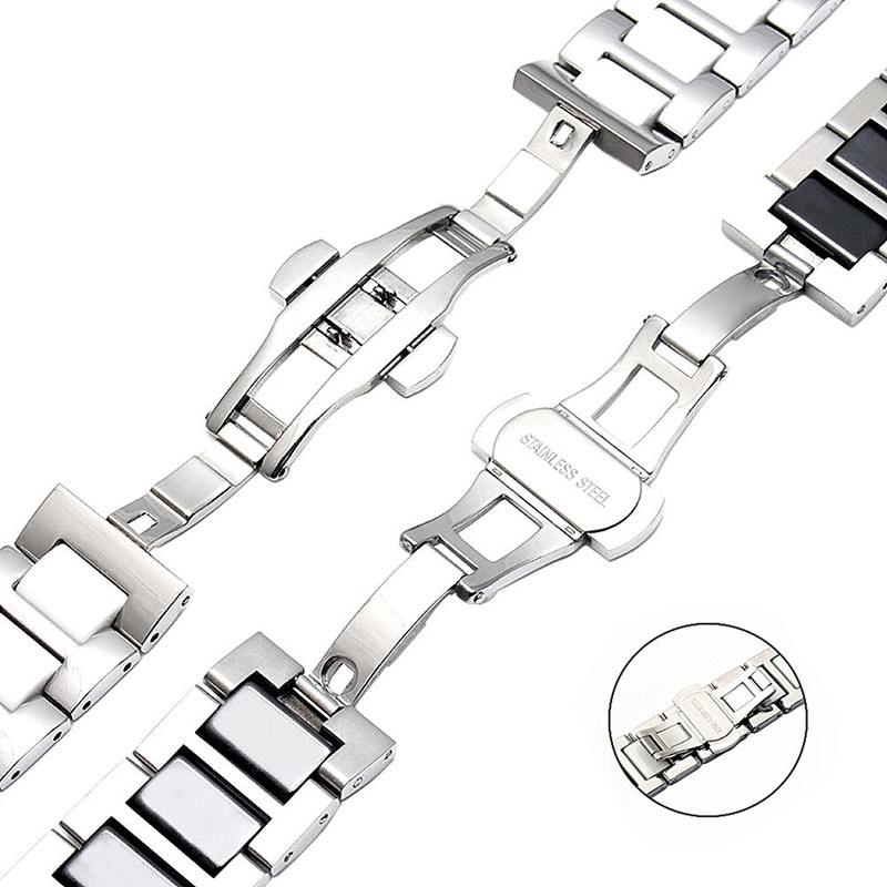 14mm 16mm 18mm 20mm 22mm Black White Stainless Steel + Ceramic Watch Strap Band gallery