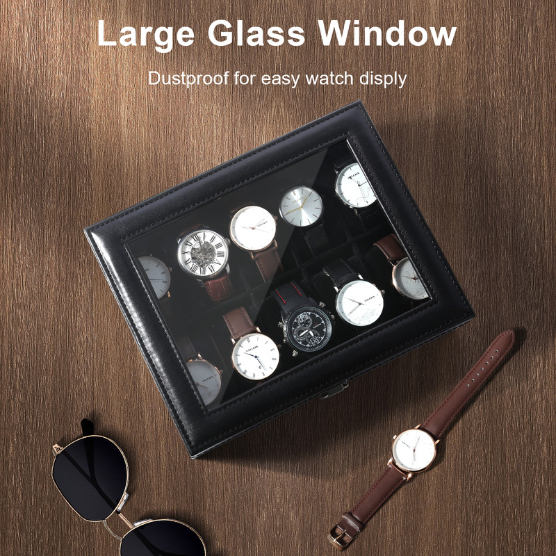 10 Slots Watch Box PU Leather Watch Case Storage Glass Lid Jewelry Display Case gallery