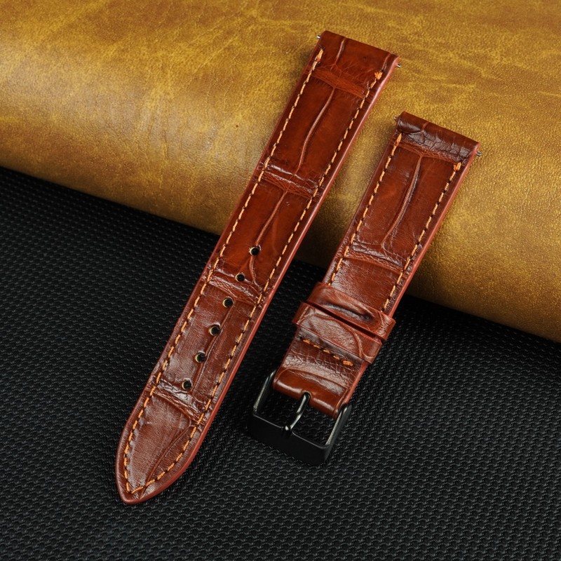 19mm Flat Brown Watch Band Men Real Crocodile Leather Watch Strap Black Buckle