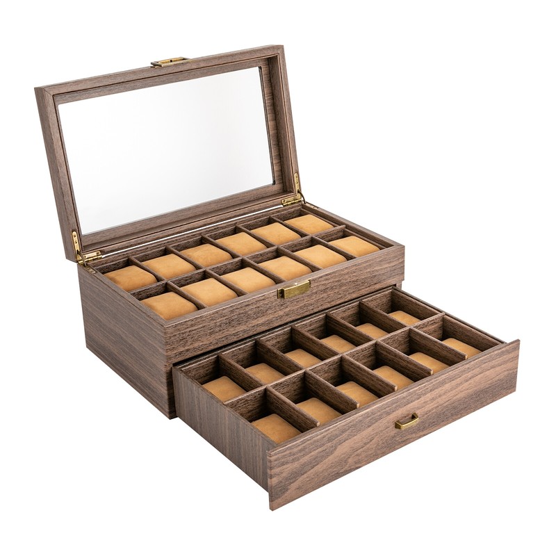 24 Slots Watch Box Watch Case Mens Jewelry Holder Watch Display Case w/ Drawer gallery