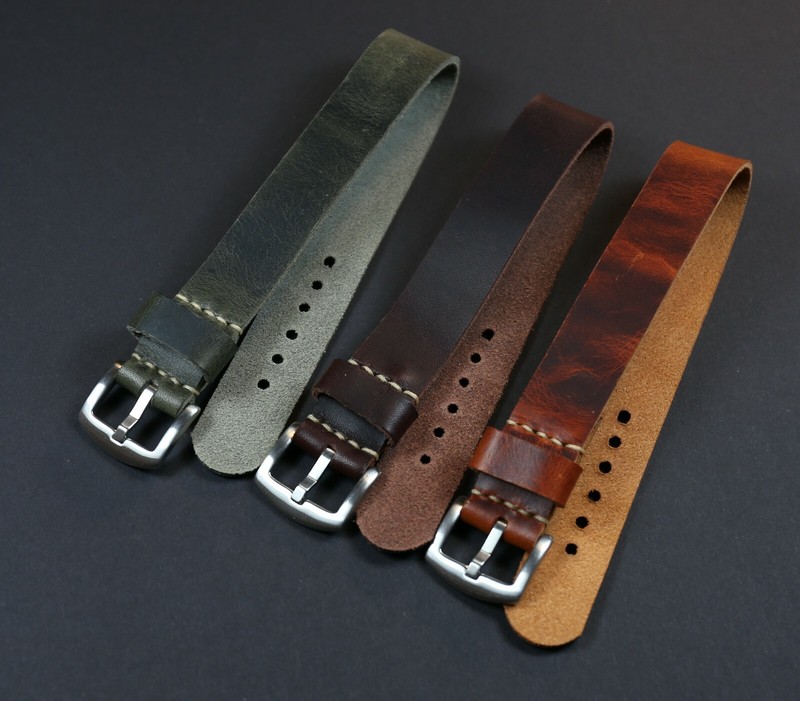 One piece Leather watch band Military style single pass strap Vegetable tanned