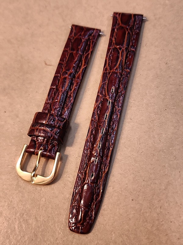 NOS Stuller 16mm Brown Padded & Stitched Glossy Croco Grain Leather Watch Band