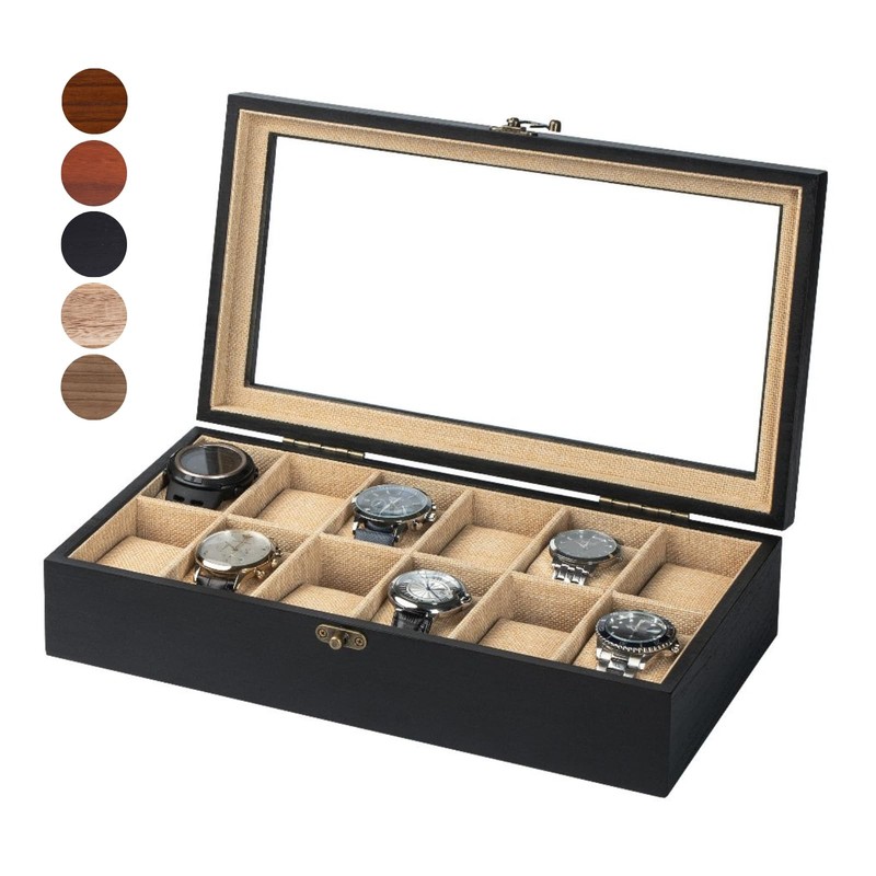 Watch Box, Watch Case for Men Women with Large Glass Lid, Wooden Watch Displa...