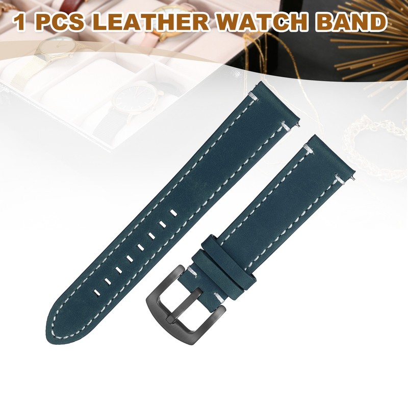 20mm Leather Watch Bands Cowhide Quick Release Strap Black Buckle Dark Blue gallery