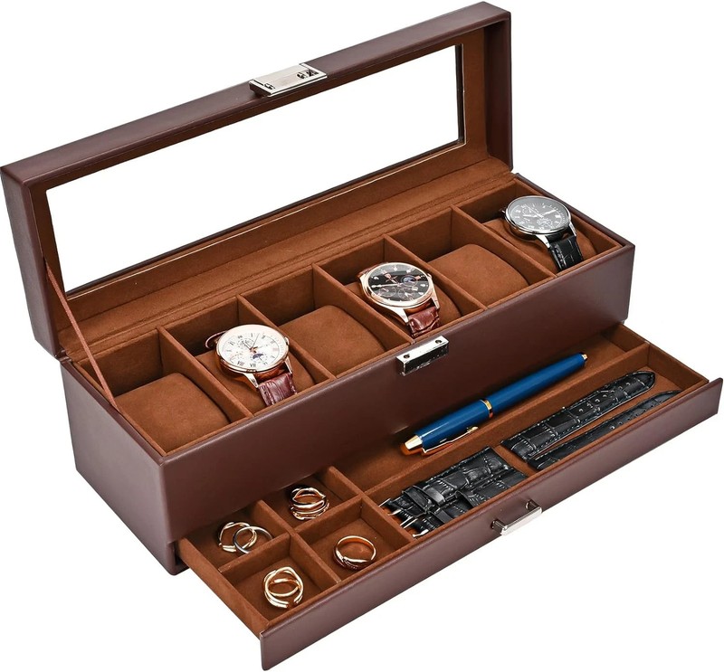 Watch Box Men 6 Slot Watch Display Case with Drawer Mens Watch Case Glass Lid