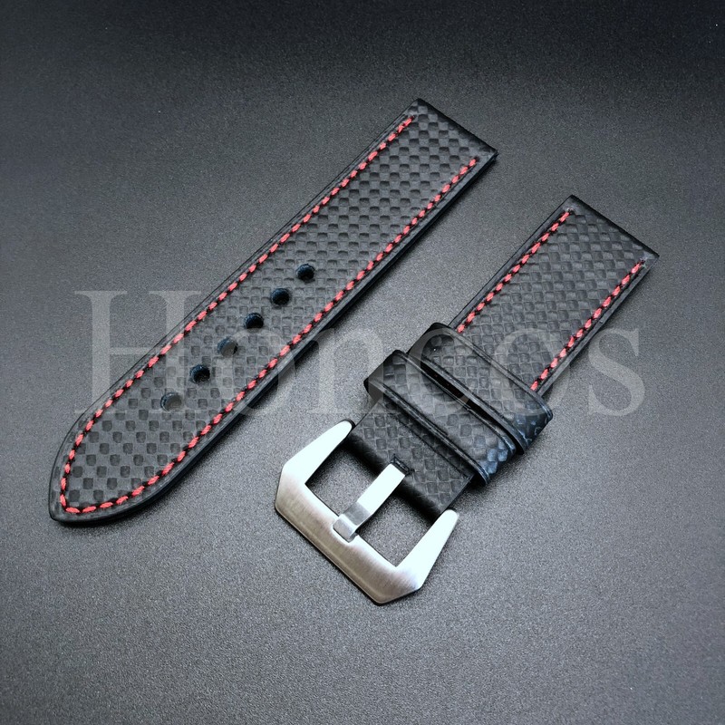20 22 MM Carbon Fiber Black/WHT Leather Watch Band Strap Buckle Fits for Citizen