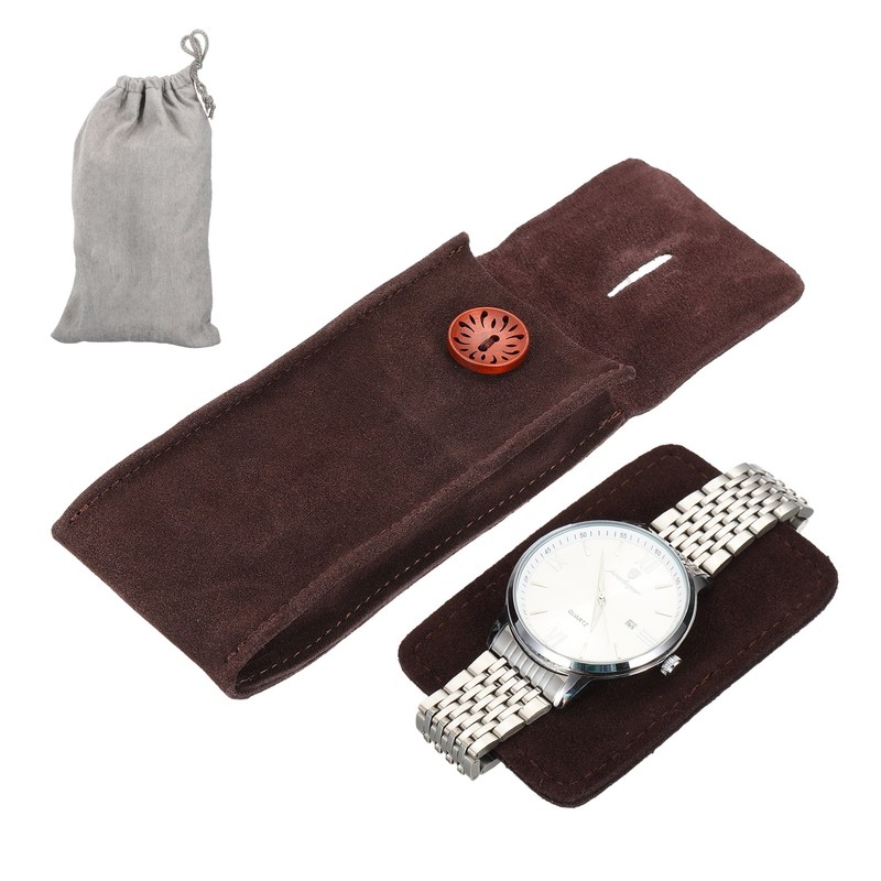 Leather Watch Pouch, Suede Watch Case with Snap and Storage Bag, Brown