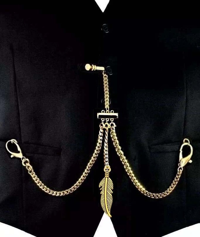 Gold Plated Strong Pocket Watch Albert Double Chain With Ornate LEAF Fob.
