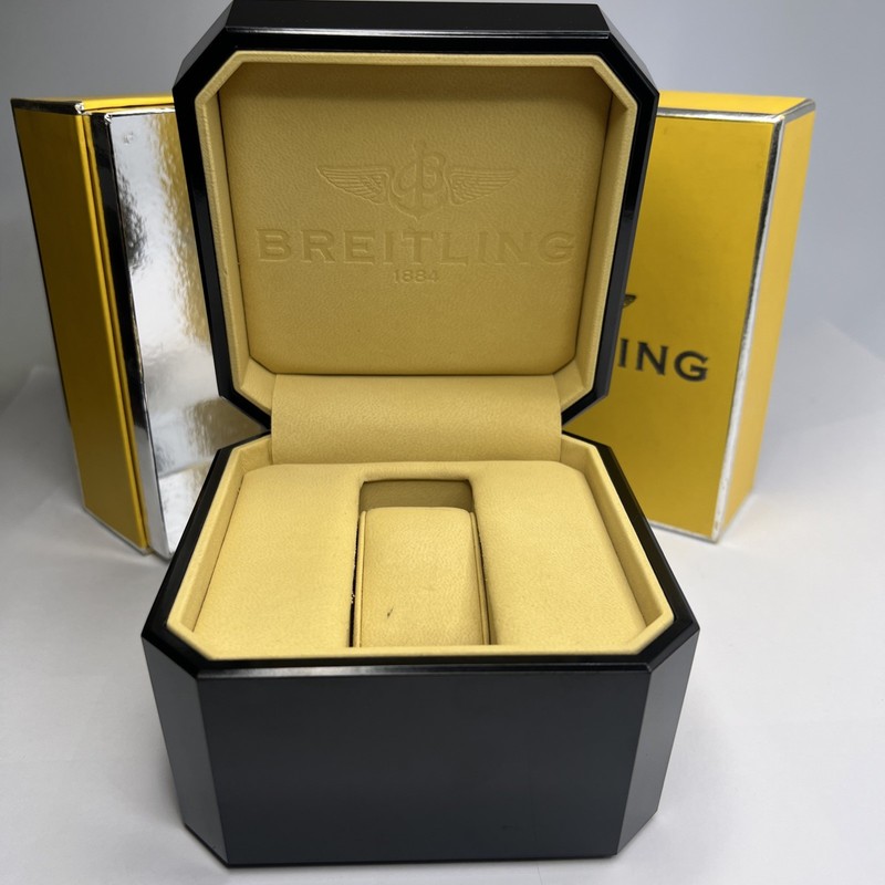 Authentic Breitling Black Bakelite Watch Box Beige Interior Yellow Outer Box Set