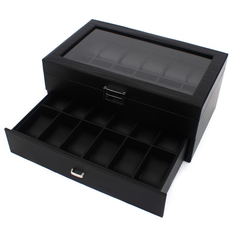 Watch Box Organizer 24 Slots with Drawer Storage Display Watch Case Carbon Fiber gallery