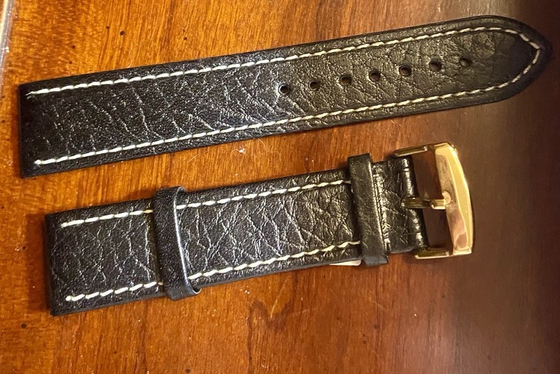 TZEVELION NEW NOS Black 22mm Long Black Leather Watchband White Stitching gallery