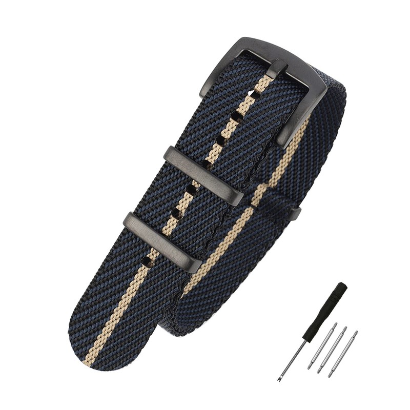 WOUKUP Premium Weave Nylon Watch Band 20MM, navy black khaki & buckle