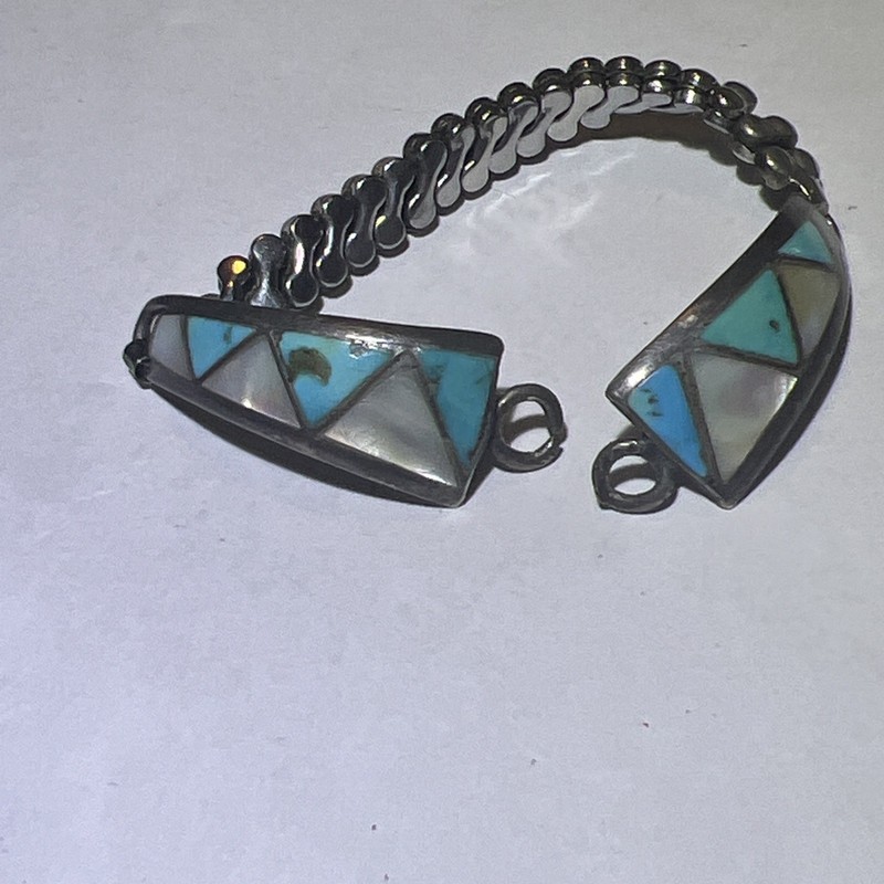 Very Old Zuni Turquoise Mother of Pearl Inlay Stirling Silver Watch Band Tips