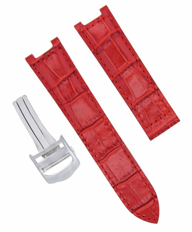 LEATHER WATCH STRAP FOR FIT 35MM CARTIER PASHA 2475 DEPLOYMENT CLASP 18MM RED