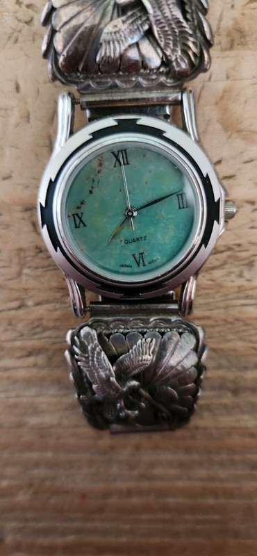 Native American Sterling Silver Watch Eagle Design SIGNED RB NON WORKING gallery